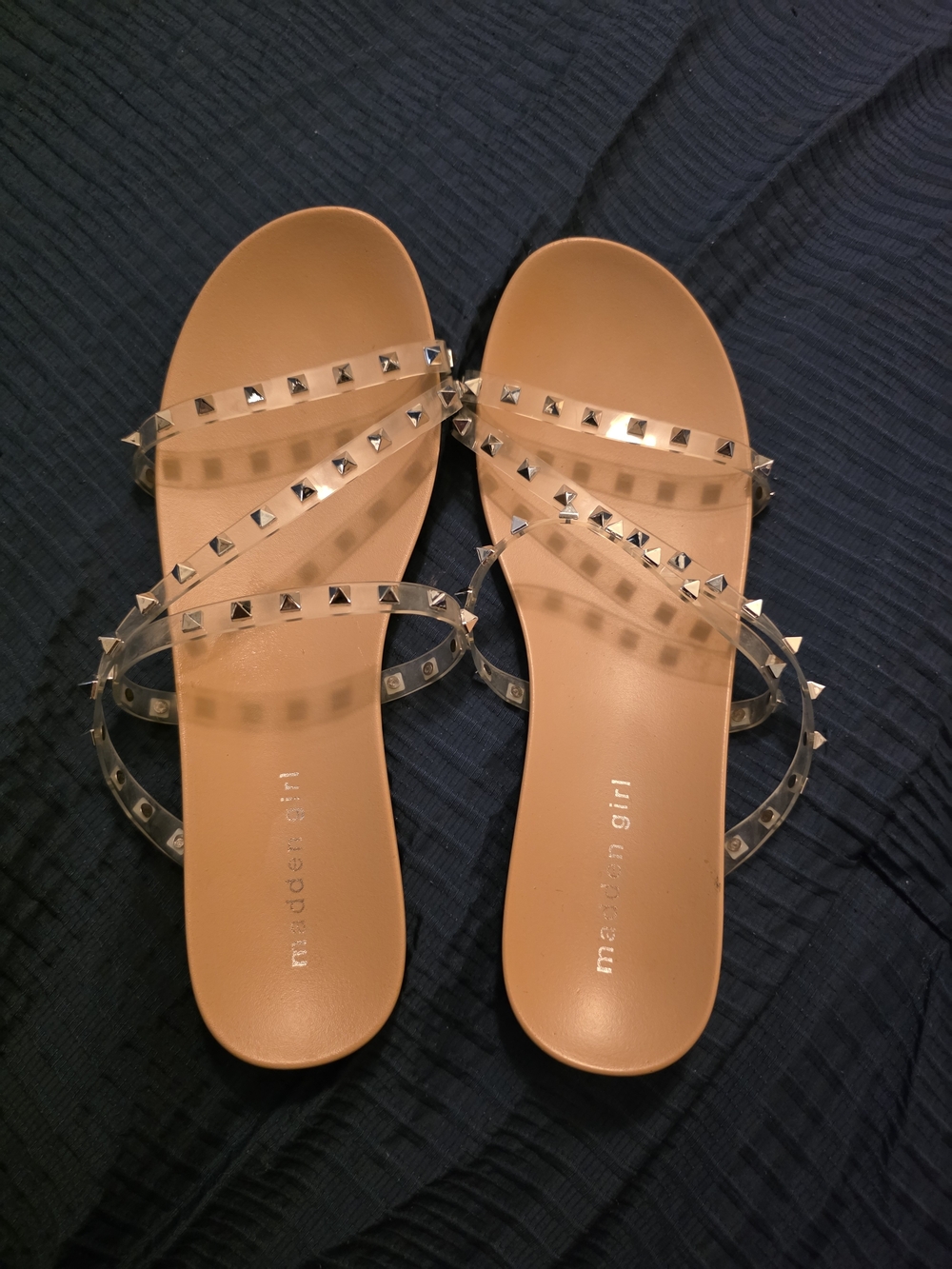 Madden Girl Tan Slide Sandals with Clear Studded Straps